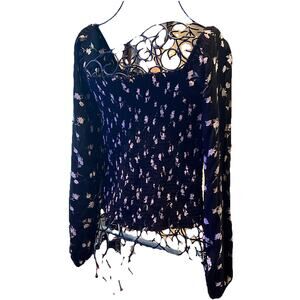 American Eagle Smocked Black Floral Crop Coquette Cottagecore Women's XS